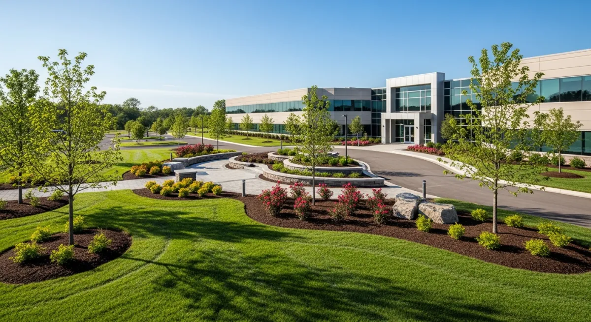 Landscaped entry beds and lawn at a commercial property
