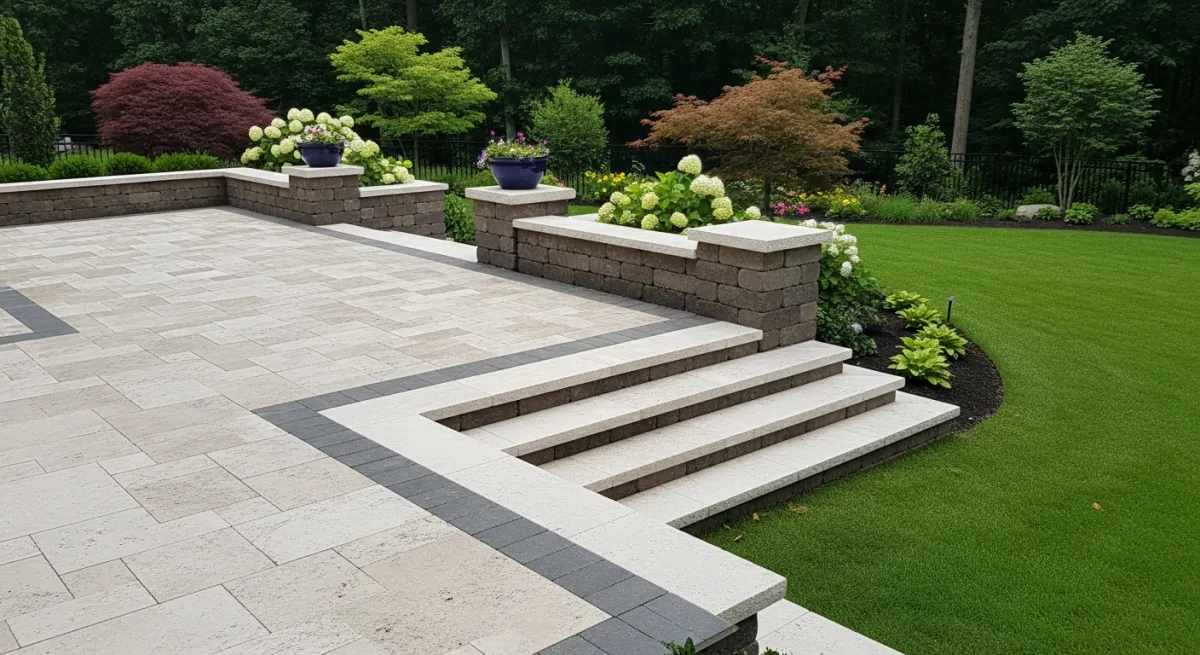 Flagstone patio with a stone fire pit and layered planting beds