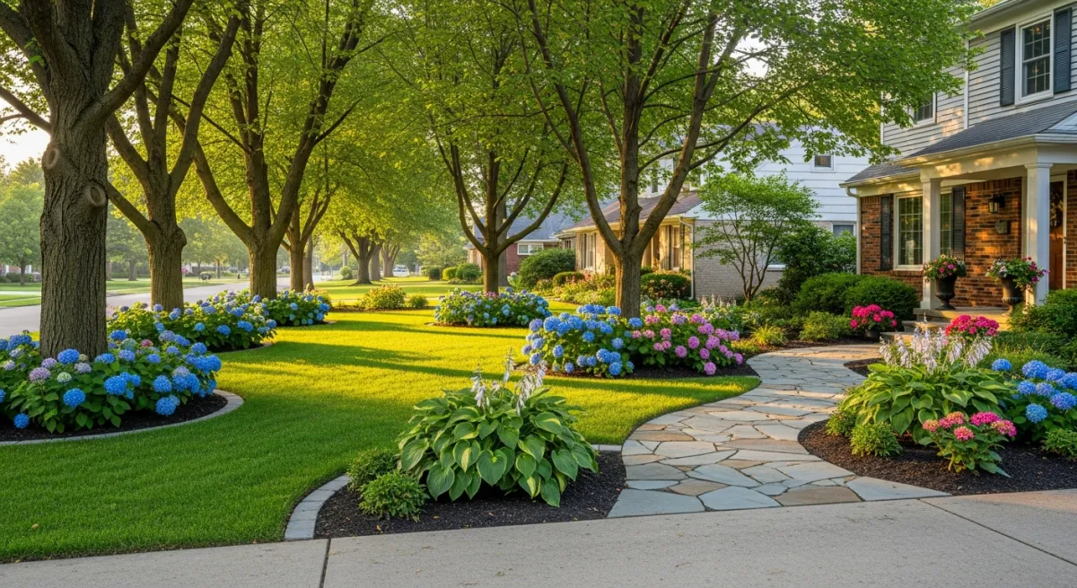 Hydrangea beds and layered perennials along a residential front walk